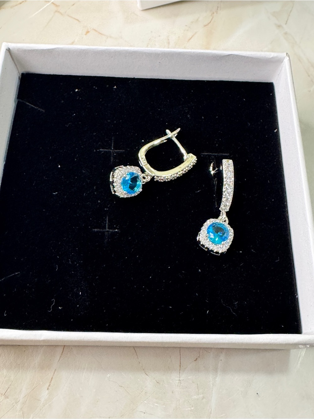 Blue Topaz and Moissanite Blue Crystal Halo Drop Earrings - Picture 3 of 12